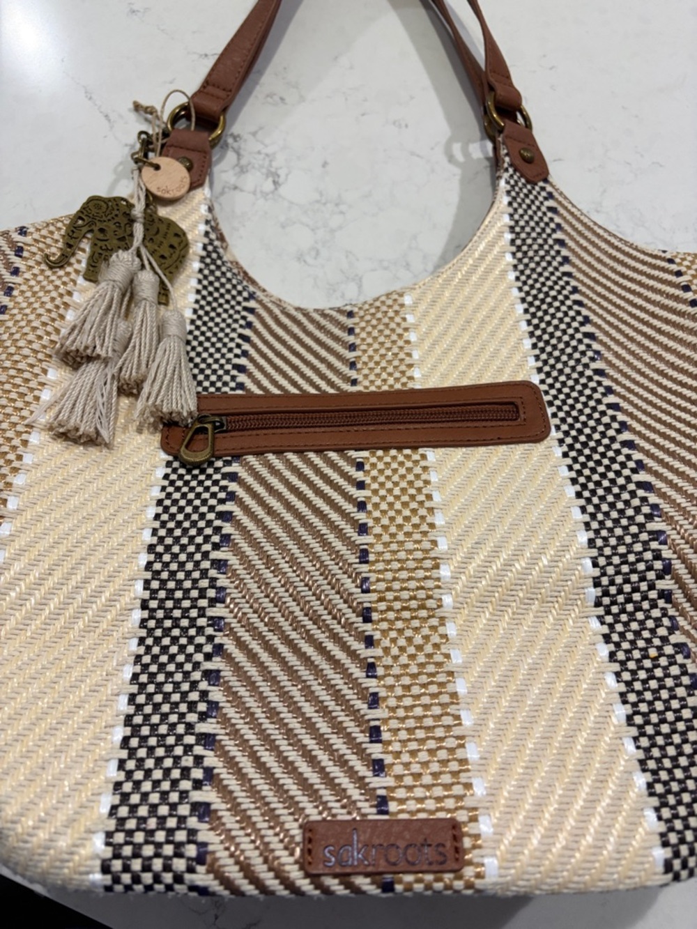 Sakroots Roma Shopper Bag ~ Straw Tobacco Batik Woven Pattern - Picture 8 of 9